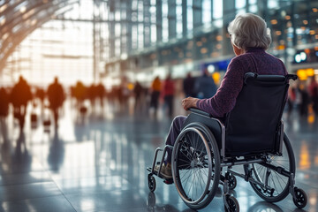 Obraz premium An elderly lady in a wheelchair, being assisted by airport staff, navigating through a modern airport terminal with large windows 