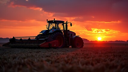 Fototapeta premium Agricultural machinery working in the fields at sunset, capturing the essence of modern farming. The warm glow of the setting sun highlights the equipment and the expansive farmland.