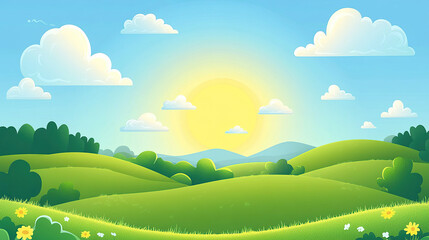 Obraz premium Cartoon-style illustration of a beautiful sunny day with a blue sky, white clouds, and rolling green hills