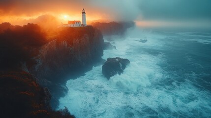 Obraz premium A dramatic lighthouse overlooking turbulent ocean waves at sunset.
