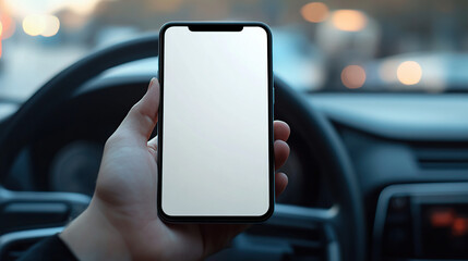 Close-up of a hand holding a smartphone with a blank white screen mockup in a car interior,