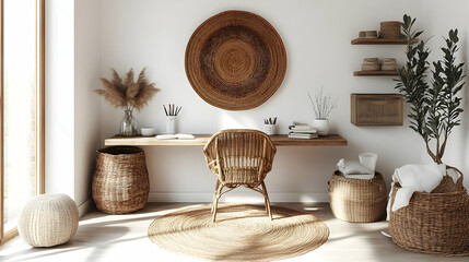 Bohemian Chic Home Office Decor with Wicker Furniture and Natural Elements
