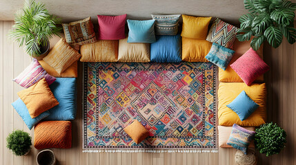 Colorful Pillows and Rug Create a Bohemian Vibe in a Room