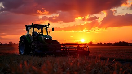 Fototapeta premium Agricultural machinery working in the fields at sunset, capturing the essence of modern farming. The warm glow of the setting sun highlights the equipment and the expansive farmland.