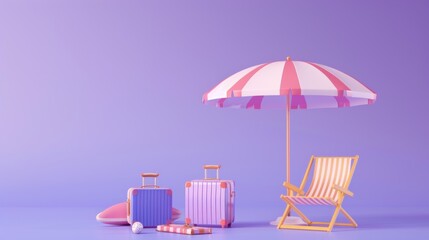 A pink and white umbrella is set up over a beach scene with two suitcases