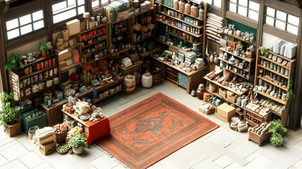 Naklejka premium Miniature Shop: Shelves Filled with Various Goods, a Red Rug in the Center