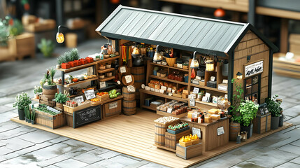 Naklejka premium Miniature Wooden Market Stall with Shelves, Produce, and Barrels