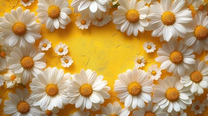 Fototapeta premium A top view flat lay of white chamomile flowers with scattered petals on a vibrant yellow background.