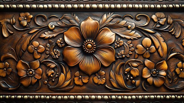 A top-down view of a tooled leather picture frame with white stitching, depicted in a detailed color illustration.