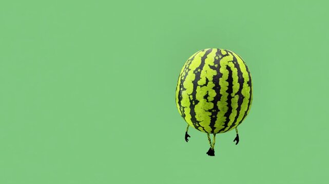 A 3D animated watermelon character walking steadily. The scene highlights playful movement, creativity, and the vibrant charm of tropical fruit, blending fun and colorful digital animation