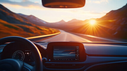 Highway view from inside the car, sun rising in the background,