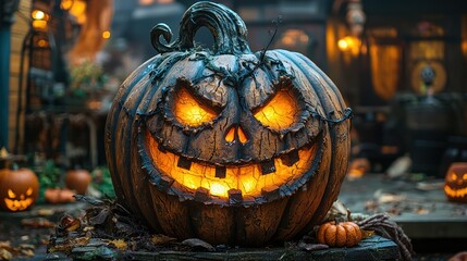 Glowing Halloween Jack o  lantern with Spooky Face