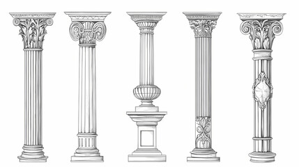 Obraz premium Ancient line columns collection. antique doodle style roman architecture pillars with decorative elements, outline greek columns. vector collection. Baroque Architecture. Illustration