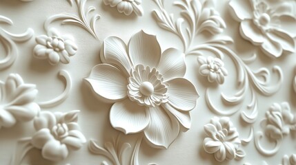 A white damask pattern background, featuring intricate and elegant floral designs.
