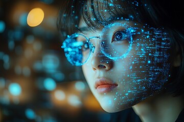  College student working on computer using AI artificial intelligence technology & machine learning. Interactive technology in classroom. Innovation & smart tech. AI blue holographic data in education