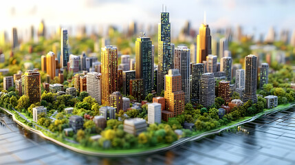 Naklejka premium Miniature Cityscape: Exploring a Model City with Skyscrapers and Parks