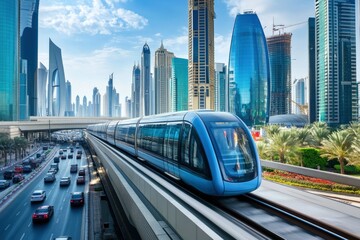Monorail Subway train rides among glass skyscrapers in Dubai. Traffic on street in Dubai. Museum of the Future in Dubai. Cityscape skyline. Urban background. generative ai