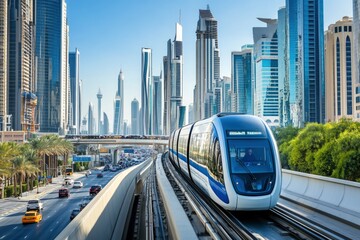 Monorail Subway train rides among glass skyscrapers in Dubai. Traffic on street in Dubai. Museum of the Future in Dubai. Cityscape skyline. Urban background. generative ai
