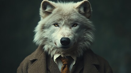 Obraz premium A white wolf in an elegant suit with a fashionable tie is captured in a charismatic fashion portrait, exuding confidence and style.