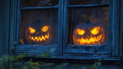 Glowing Halloween Pumpkins in Window