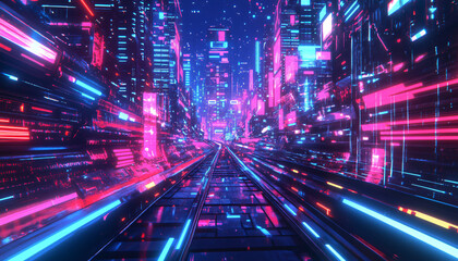 Fototapeta premium A retro-futuristic design with neon grids, VHS glitches, and pixelated elements, taking inspiration from 80s sci-fi movies and video games