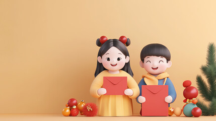 Fototapeta premium Cheerful children holding red envelopes, surrounded by festive decorations against a warm yellow background. Perfect for celebrations and holidays.