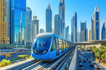 Monorail Subway train rides among glass skyscrapers in Dubai. Traffic on street in Dubai. Museum of the Future in Dubai. Cityscape skyline. Urban background. generative ai