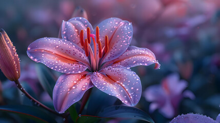 Closeup Illustration of a Delicate Purple Lily with Dew Drops