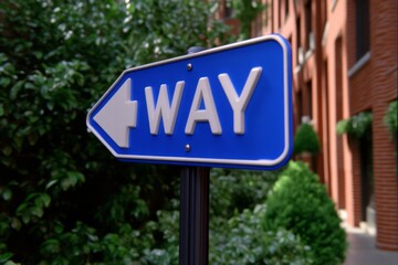 Directional Way Sign Amidst Lush Greenery, Guiding Path in Urban Setting