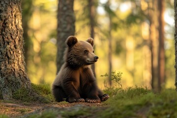 Fototapeta premium Teddy bear in the forest in the morning