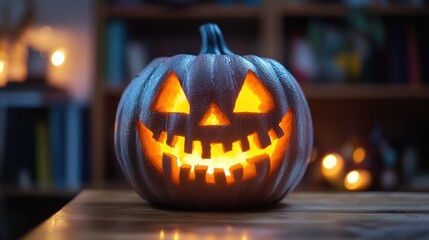 Fototapeta premium Glowing Jack o Lantern Pumpkin on Wooden Table for Halloween