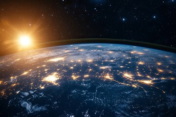 Obraz premium Night planet earth from space with light lines of communication and connection. Business and finance, concept. Global communications system and the World Wide Web. generative ai
