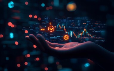 3D Hand Holding Investment Portfolio with Graphs and Currency Symbols