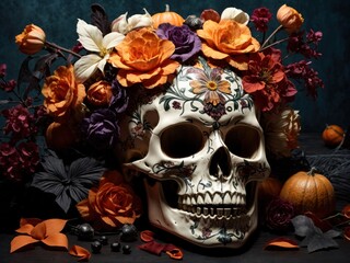 scary halloween skull decorated with many flowers