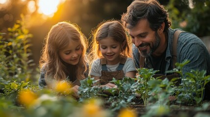 Family Gardening Together in Warm Evening Light