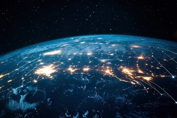 Obraz premium Night planet earth from space with light lines of communication and connection. Business and finance, concept. Global communications system and the World Wide Web. generative ai