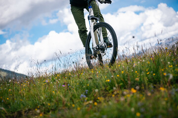 Naklejka premium Riding mountain bike in the flowering beautiful mountain top
