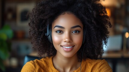  Happy african American woman working remotely on a virtual video team meeting call, remote work and flexible culture concept. Inclusive and diverse workplace. DEI remote working. 