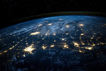 Obraz premium Night planet earth from space with light lines of communication and connection. Business and finance, concept. Global communications system and the World Wide Web. generative ai