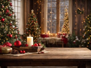 Empty wooden table with christmas theme in background