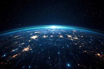 Night planet earth from space with light lines of communication and connection. Business and finance, concept. Global communications system and the World Wide Web. generative ai