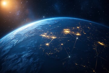Fototapeta premium Night planet earth from space with light lines of communication and connection. Business and finance, concept. Global communications system and the World Wide Web. generative ai