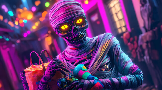 Cyberpunk mummy with colorful bandages holding a trick-or-treat bag concept blends lowbrow pop surrealism with digital anime and 3d elements. Pop Surrealism. Illustration