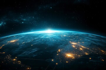 Obraz premium Night planet earth from space with light lines of communication and connection. Business and finance, concept. Global communications system and the World Wide Web. generative ai