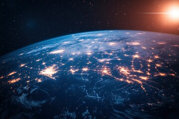 Obraz premium Night planet earth from space with light lines of communication and connection. Business and finance, concept. Global communications system and the World Wide Web. generative ai