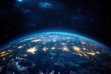 Obraz premium Night planet earth from space with light lines of communication and connection. Business and finance, concept. Global communications system and the World Wide Web. generative ai