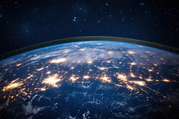 Obraz premium Night planet earth from space with light lines of communication and connection. Business and finance, concept. Global communications system and the World Wide Web. generative ai