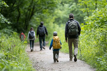 A Family Hiking A Nature Trail, Observing Wildlife Along The Way. The Outdoor Adventure Promotes Bonding And Physical Activity
