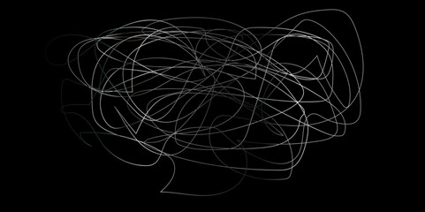 Abstract Black and white dynamic motion lights depicting technology and science in the developing world. Gray hair that falls from the head by pulling hair.