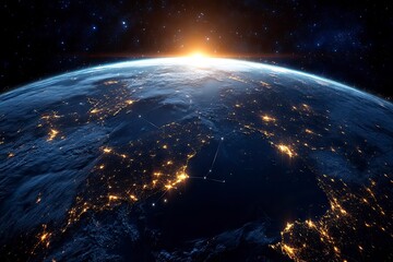 Night planet earth from space with light lines of communication and connection. Business and finance, concept. Global communications system and the World Wide Web. generative ai